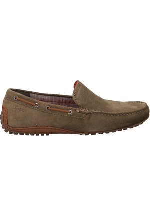 Brown suede slip-on shoe with a rounded toe, leather accents, decorative stitching, and a patterned red and gray interior lining. Rubber sole.