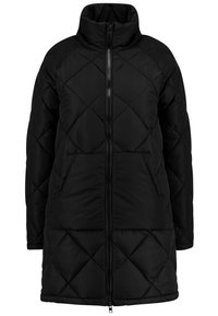 Černá prošívaná péřová bunda s vysokým límcem, předním zipem a obdélníkovým diamantovým vzorem. Dlouhé rukávy s manžetami.
