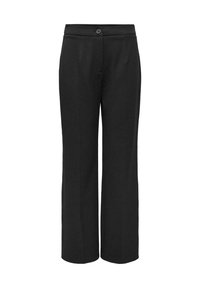 Schwarze, weit geschnittene Hose aus einem glatten Stoff, mit Knopfverschluss und Bügelfalten für einen maßgeschneiderten Look.