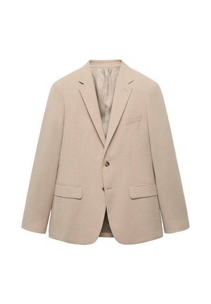 Beige blazer made of textured fabric, featuring a notched lapel, two front pockets, and two-button closure. Interior lined in a lighter color.