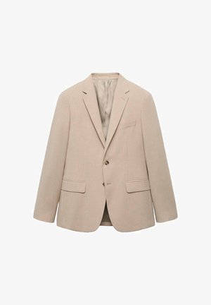 Beige bleiseri, joka on valmistettu teksturoidusta kankaasta, varustettu viistettyllä kauluksella, kahdella etutaskulla ja kaksinappisella kiinnityksellä. Sisävuori on vaaleamman värinen.