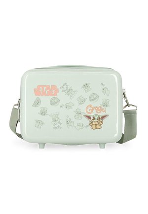 Pequeña lonchera verde claro de Star Wars con correa ajustable, decorada con múltiples ilustraciones de Grogu y las palabras "Star Wars" y "Grogu".