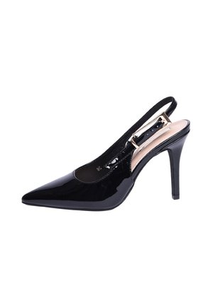 Pump slingback in vernice nera con punta affusolata, tacco a stiletto alto e dettaglio dorato nella fascia del tallone. Texture liscia, design elegante.