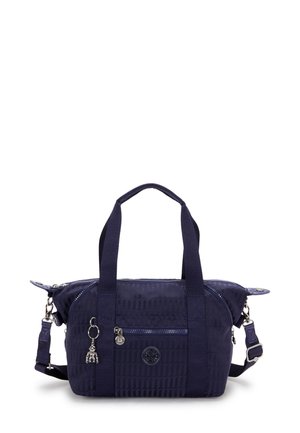 Navy blue synthetic bag with textured surface, dual handles, detachable shoulder strap, zippered closure, and metal charm detail.