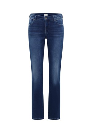 Sötétkék, egyenes szárú farmernadrág elöl gombos és zsebes, finoman kopott részletekkel a combokon és a térdeken.