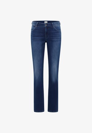 Jeans blu scuro a gamba dritta con bottone frontale e tasche, caratterizzati da sottili dettagli sbiaditi su cosce e ginocchia.