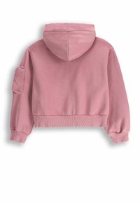 Różowa krótka bluza z miękkiego materiału, z kapturem i elastycznymi mankietami. Posiada kieszeń boczną oraz ściągacz u dołu.
