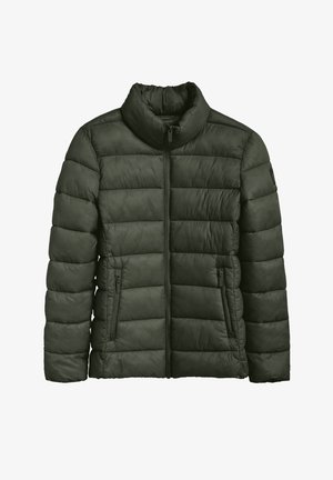 Dunkelgrüne gepolsterte Jacke mit Stehkragen, Frontreißverschluss und Seitentaschen, ausgestattet mit horizontalen Steppdetails und glatter Textur.