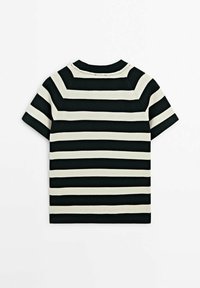 Black and cream striped short-sleeve shirt with a round neck. The fabric appears textured and fitted, emphasizing a classic design.