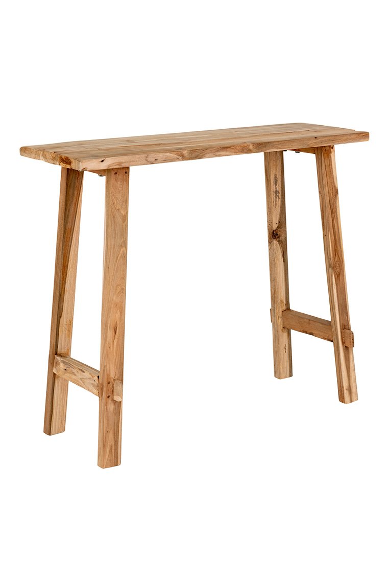 Holzkonsole mit rechteckiger Oberseite, naturbelassene Holzoberfläche, mit vier stabilen Beinen. Einfaches, minimalistisches Design.