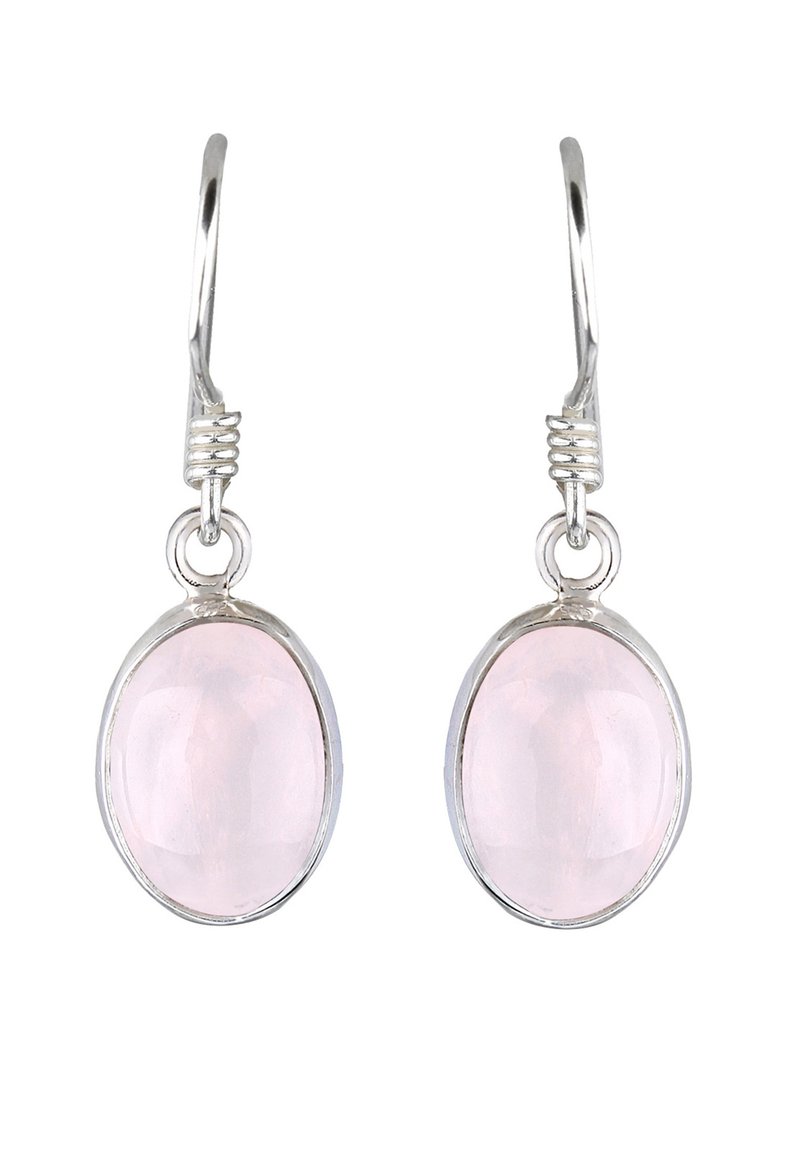 Sølv hoops øreringe med ovale rosenkvarts sten, der viser en glat overflade og en blød lyserød nuance. Udsmykket med snoede detaljer.