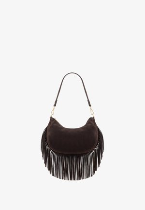 Brown suede handbag with a curved shape and long fringe detail. Features a single strap and gold hardware accents.