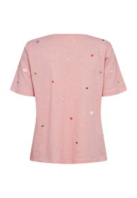 Chemise rose clair à manches courtes avec de petits points multicolores brodés éparpillés, vue de dos.