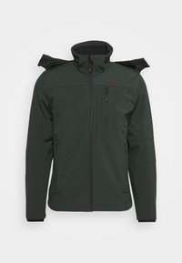 Veste zippée vert foncé avec un col montant, deux poches latérales et une poche poitrine. Texture douce et design sportif avec des accents aux épaules.
