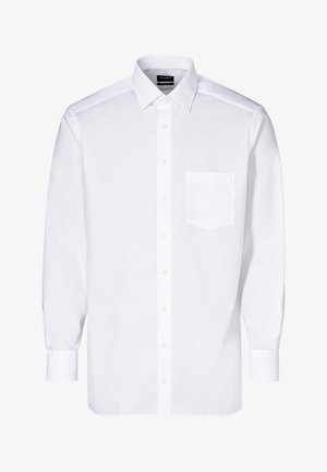 Weißes, langärmliges Hemd mit durchgehendem Knopfleiste, spitzem Kragen, einer Brusttasche und geknöpften Manschetten.