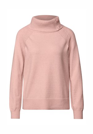 Lyserød sweater med en høj, struktureret krave og to sidelukninger. Har ribbede manchetter og kant, med en glat kropsstruktur. Casual design.