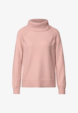 Różowy sweter z wysokim, teksturowanym kołnierzem i dwoma bocznymi guzikami. Posiada prążkowane mankiety i dół, oraz gładką teksturę ciała. Casualowy design.