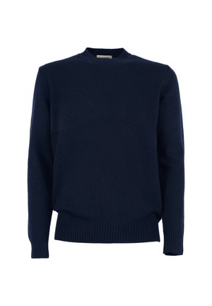 Maglione lavorato a maglia blu navy con scollatura rotonda, polsini e orlo a costine. Realizzato in tessuto morbido, presenta un design semplice e classico.
