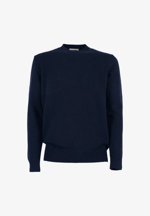 Marinelblauwe gebreide trui met een ronde halslijn, geribbelde manchetten en zoom. Gemaakt van zachte stof, met een eenvoudig, klassiek ontwerp.