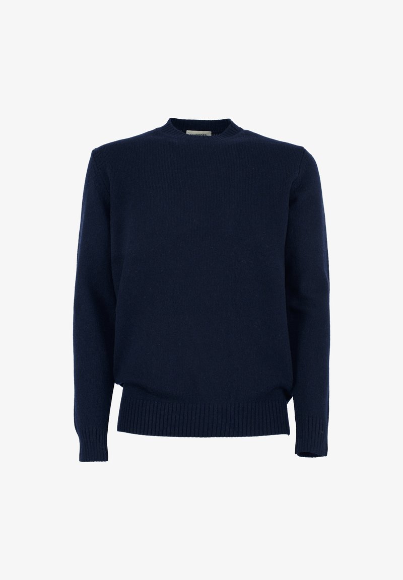 Maglione lavorato a maglia blu navy con scollatura rotonda, polsini e orlo a costine. Realizzato in tessuto morbido, presenta un design semplice e classico.
