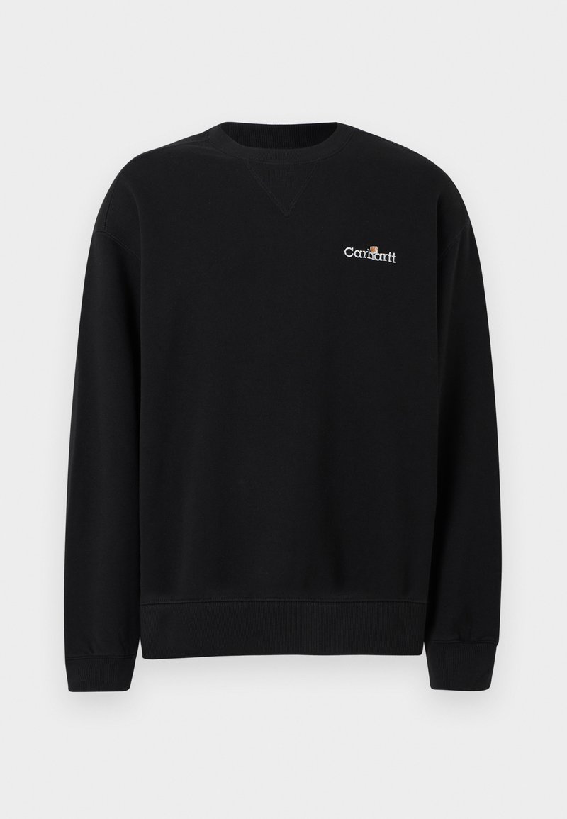 Felpa nera a girocollo con maniche lunghe e piccolo logo bianco Carhartt sul petto sinistro, polsini e orlo a costine.