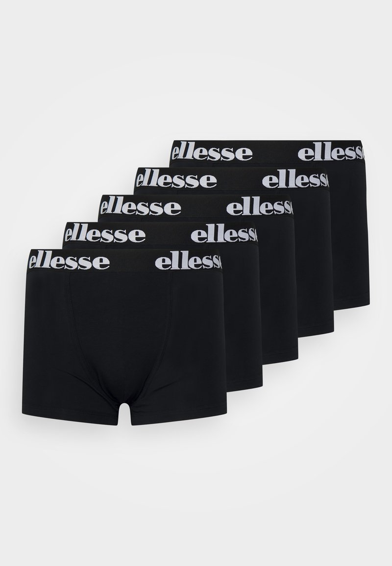 Svarta bomullskalsonger med vit "ellesse" loggade midjeband. Fem par visas upp, med en slät struktur och en åtsittande design.