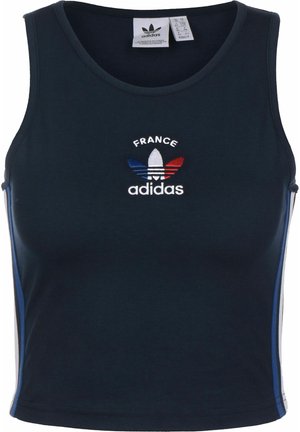 Granatowy top bez rękawów Adidas z napisem "France" i logo Adidas trefoil w kolorach czerwonym, białym i niebieskim na piersi.