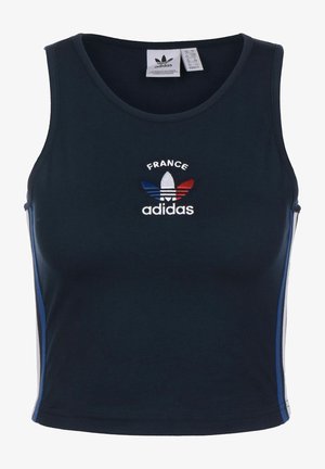 Granatowy top bez rękawów Adidas z napisem "France" i logo Adidas trefoil w kolorach czerwonym, białym i niebieskim na piersi.