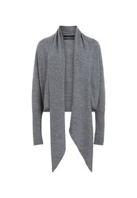 Szary kardigan, lekka dzianina, otwarty przód, długie rękawy, drapowany przód z zaostrzonym dołem, bez zapięć i ozdób.