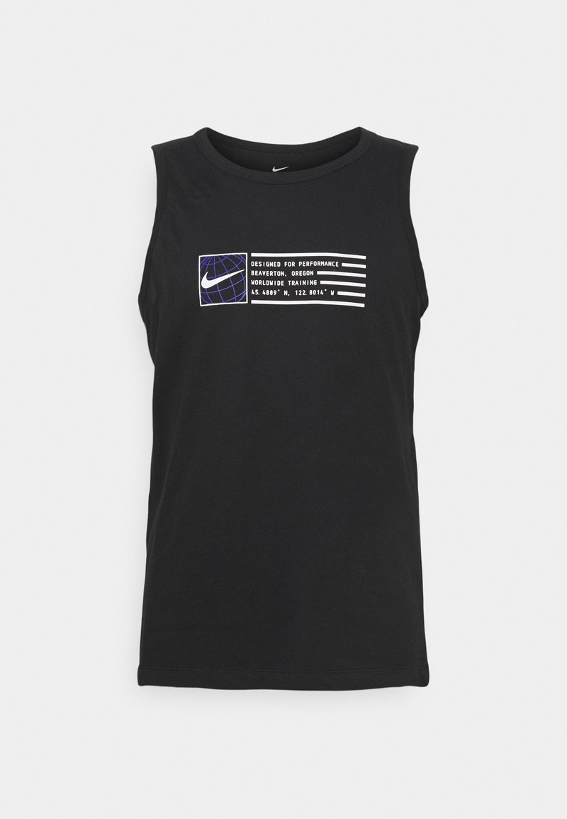Débardeur noir sans manches Nike avec un graphisme blanc et violet indiquant "Designed for performance Beaverton, Oregon Worldwide Training" ainsi que des coordonnées.