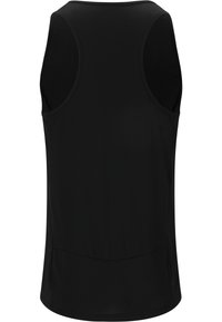 Svart linne med en slät textur, som har rund halsringning och breda ärmhål. Bakstycket har en något längre fåll för ökad täckning.