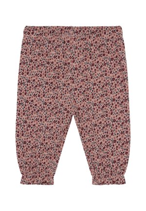 Lyserøde bukser til småbørn med rødt og lilla blomsterprint, elastisk talje og elastiske manchetter på hvid baggrund.