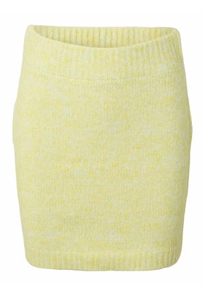 Jupe crayon tricotée longueur genou en jaune pastel doux avec taille et ourlet côtelés, tissu en laine texturé.