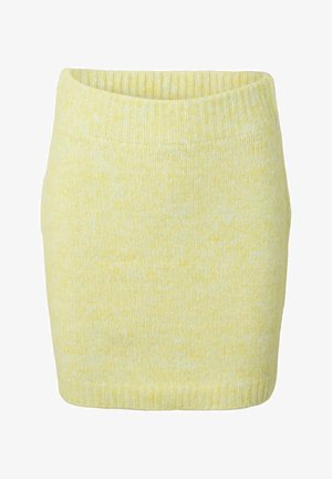 Jupe crayon tricotée longueur genou en jaune pastel doux avec taille et ourlet côtelés, tissu en laine texturé.