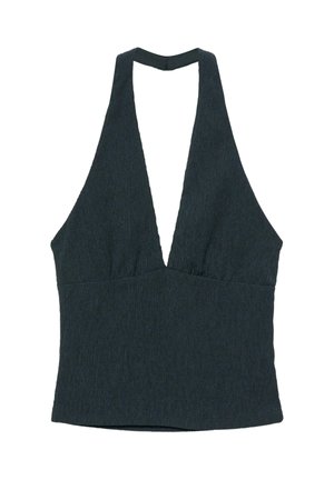 Haut à col licou texturé noir avec un profond décolleté en V et une taille cintrée, conçu pour être porté sans manches.