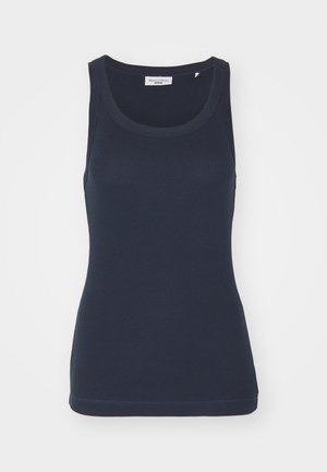 Tricou fără mâneci de culoare bleumarin, confecționat din bumbac, prevăzut cu un decolteu rotund, bretele subțiri și o textură netedă, ajustată, cu tivuri coase.