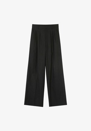 Pantalons larges noirs avec des plis à l'avant, en tissu lisse. Dotés d'une taille classique et sans matériel visible.