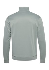 Hellgraue Langarmjacke mit hohem Kragen, von hinten gezeigt, mit glattem, einfarbigem Stoff und elastischen Bündchen und Saum.