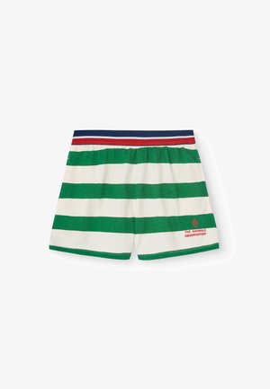 Grønne og hvide stribede shorts lavet af blød stof, med en marineblå og rød elastisk talje og et broderet logo i rødt på den nederste side.