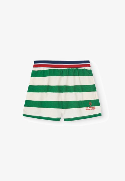 Gröna och vita randiga shorts i mjukt tyg, med ett elastiskt midjeband i marinblått och rött samt en broderad logotyp i rött på undersidan.