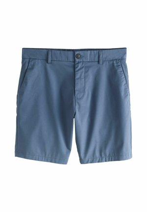 Blue casual shorts with belt loops, front button, zip fly, and side pockets on plain white background.