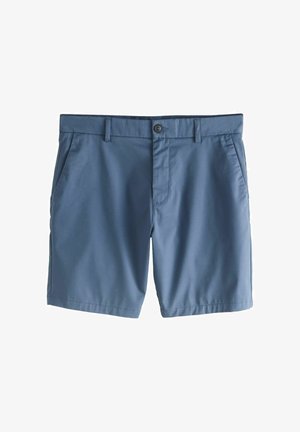 Blue casual shorts with belt loops, front button, zip fly, and side pockets on plain white background.