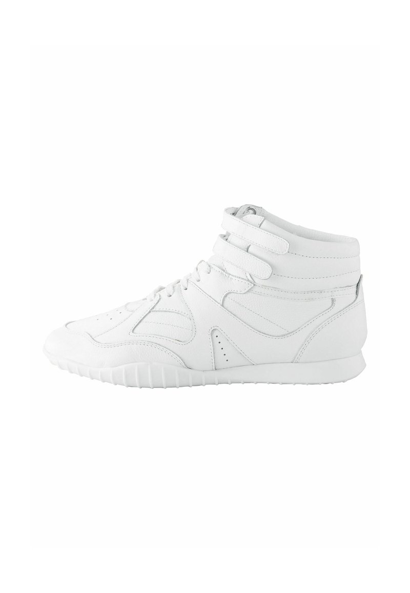 Sneaker alte in pelle bianca, con accenti testurizzati, chiusura con lacci e doppie cinghie con velcro per una vestibilità sicura. Suola piatta in gomma.