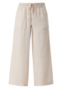 Lichtbeige wijde broek van linnen. Voorzien van een elastische tailleband met een trekkoord en twee voorzakken. Soepele textuur.