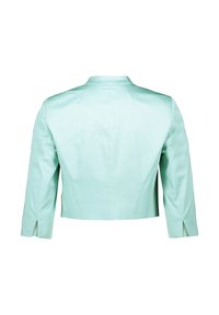 Veste courte de couleur menthe claire, avec une texture lisse, une coupe ajustée, des manches trois-quarts et des fentes latérales à l'ourlet.