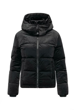 Black puffer jacket with a structured hood, front zipper, and elastic cuffs. Soft, quilted texture with a sleek, smooth finish.