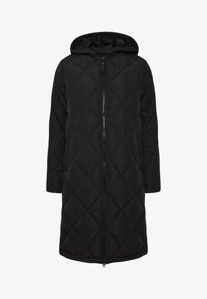 Črn podložen dolg plašč s kapuco, ki ima celoten sprednji zadrgo in diamantni vzorec na tkanini, gladko teksturo in dolge rokave.