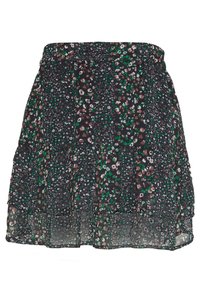 Kukkakuvioinen kerroksittain oleva hame mustalla taustalla, jossa on pieniä vihreitä, valkoisia ja ruskeita kukkia. Valmistettu kevyestä, läpikuultavasta kankaasta. Joustava vyötärönauha.