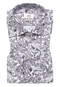 Zwart-wit gestreept slim-fit overhemd met ingewikkelde ontwerpen van vogels en bloemmotieven, gemaakt van zachte stof met knoopdetails.