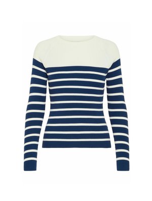 Pleten pulover s dolgimi rokavi, mornarsko modre in bele črte, ribasta tekstura, okrogla izreza in prilegajoč dizajn.